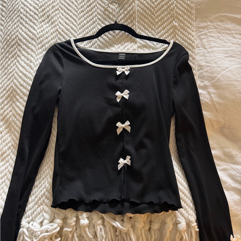 SHEIN Black Blouse with White Bow Details